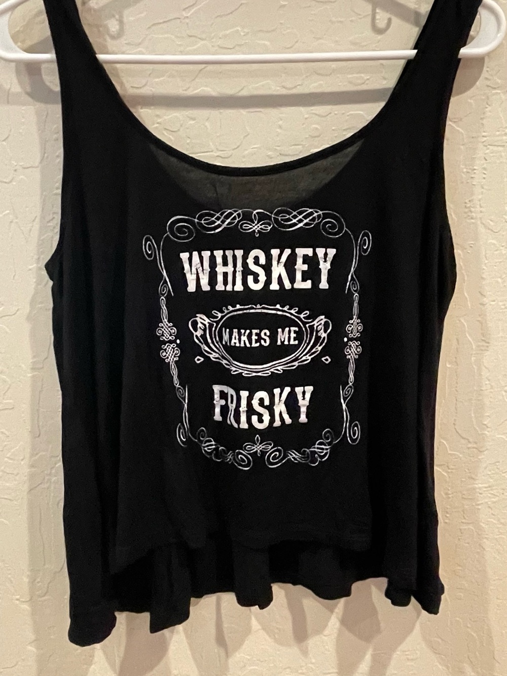 Full Tilt Black Graphic Scoop Neck Tank Top - "Whiskey Makes Me Frisky"